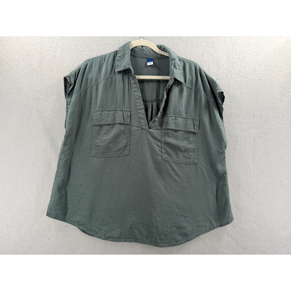 Old Navy Linen Shirt Womens L Jade Shadow Utility Popover Coastal Minimalist Top